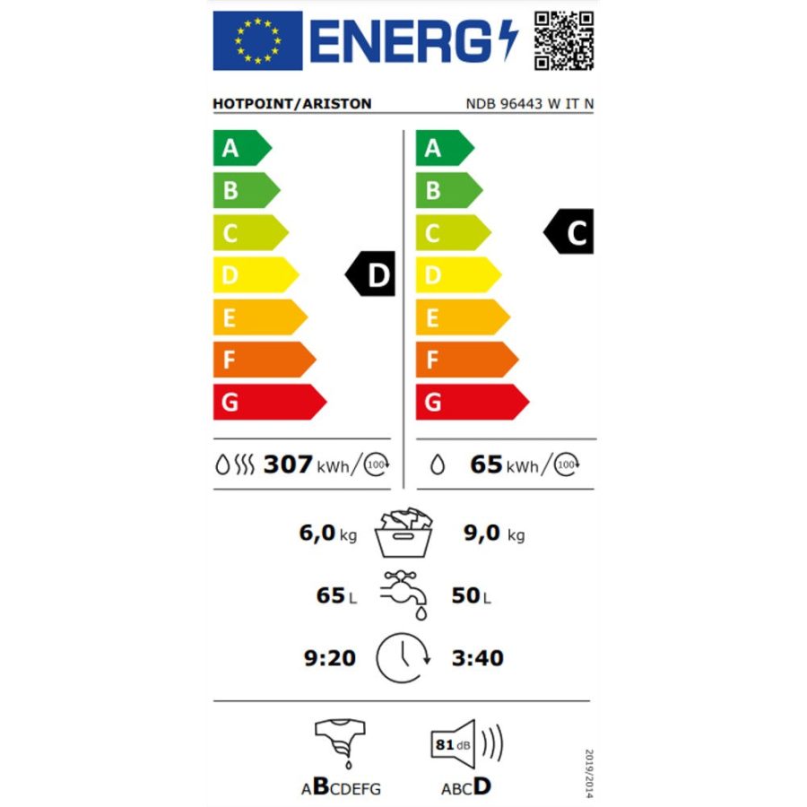 Lavasciuga a libera installazione Hotpoint 9 kg NDB 96443 W IT N 1400 Giri Motore Inverter Tecnologia Digital Motion Classe D - immagine 4